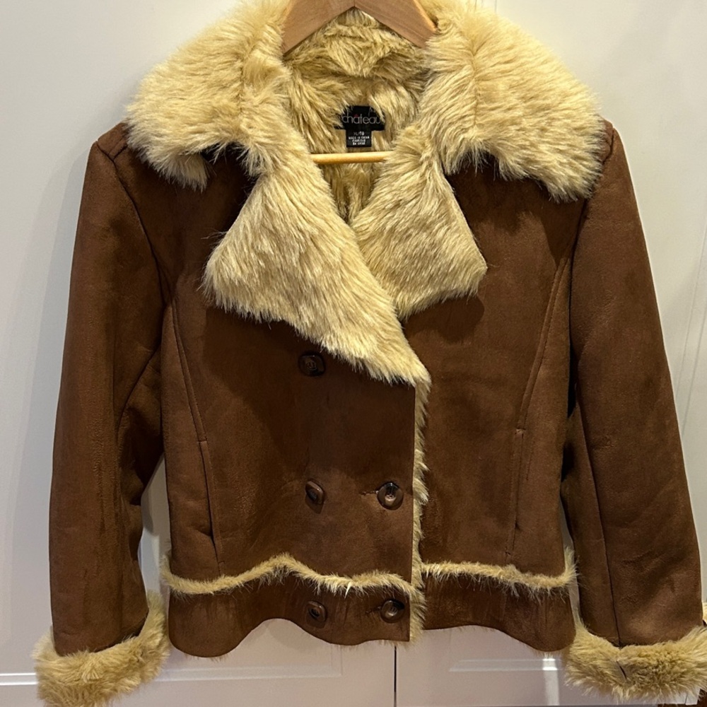 Vintage Brown Faux shearling  Fur Trim Jacket, Le Château, XL